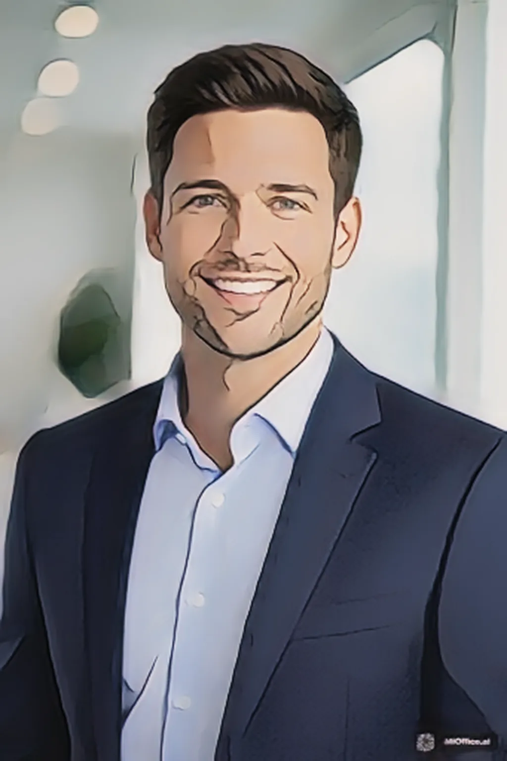 Illustrated portrait in a navy jacket