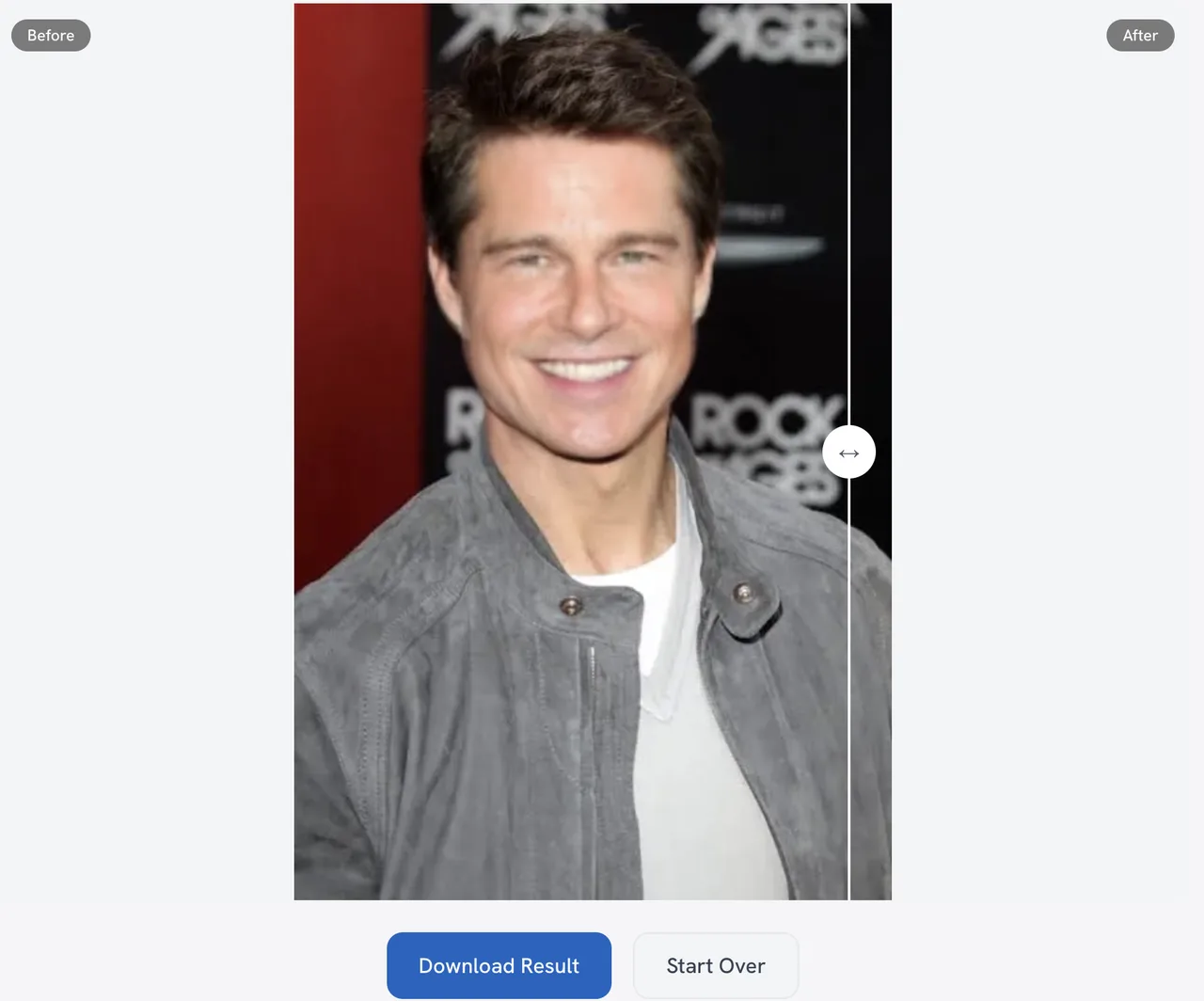 MiOffice Face Swap result viewer with a Before and After divider and Download Result button