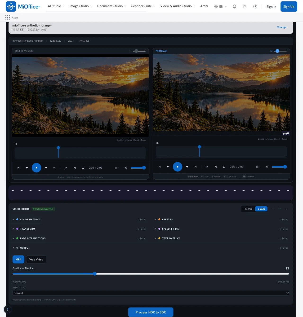 MiOffice AI HDR to SDR workspace MiOffice HDR to SDR workspace with a sample video loaded and MP4 selected in Output